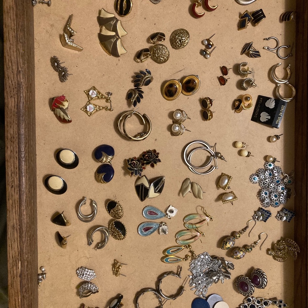 60 Pairs Vintage Earrings Lot-Some Signed TRIFARI Avon COP Roman RENOIR Monet